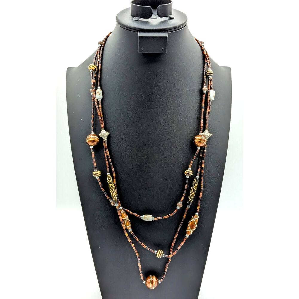 Chico's Art Glass Brown/Copper Silver Tone Bead Three Strand Tribal 32" Necklace